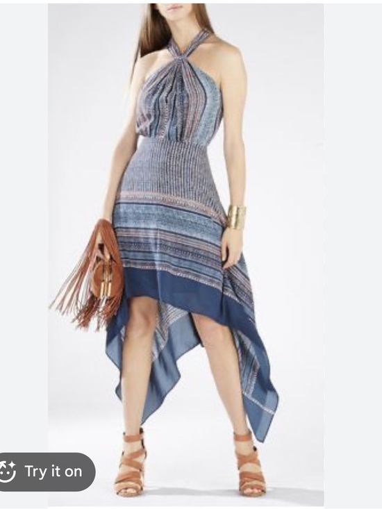 BCBGMaxAzria Dresses & Skirts - BCBGMaxAzria Danela Teal and Navy Printed Halter High-Low Dress Sz 8